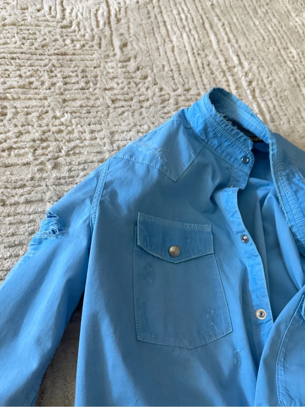 Balmain Light Blue Distressed Button-Front Shirt Jacket